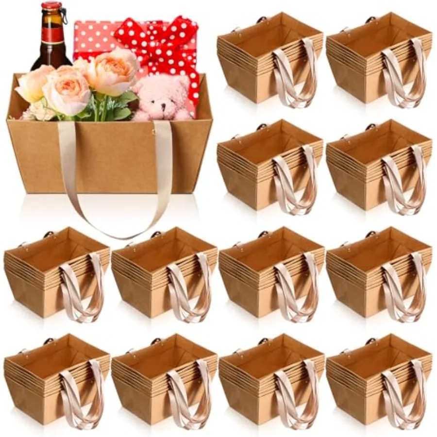 72 Cestas de Regalo Vacías Impermeables de Papel Kraft con Asas para Bodas, Fiestas, Navidad, San Valentín, Suministros de Embalaje al por Mayor 9.