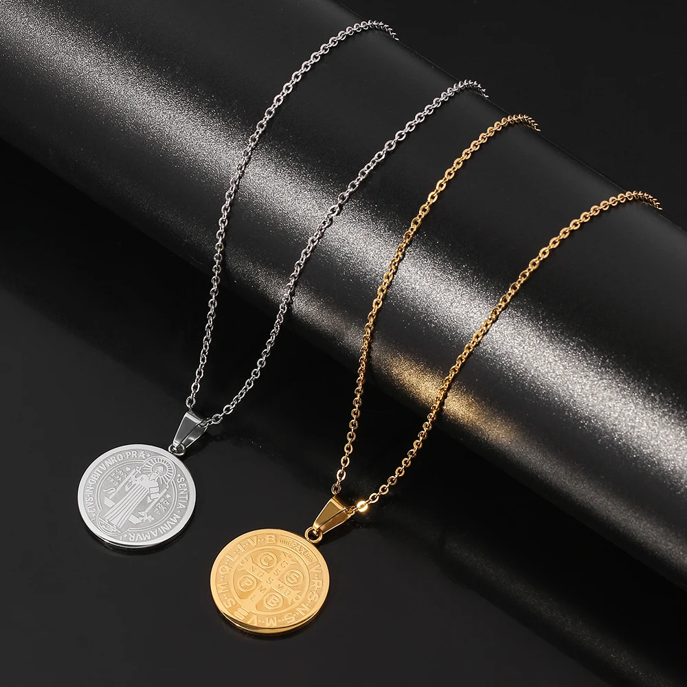 Religious San Benito Medal Pendant Stainless Steel Chain Silver Color Cross Jesus Saint Benedict Necklaces for Women Men