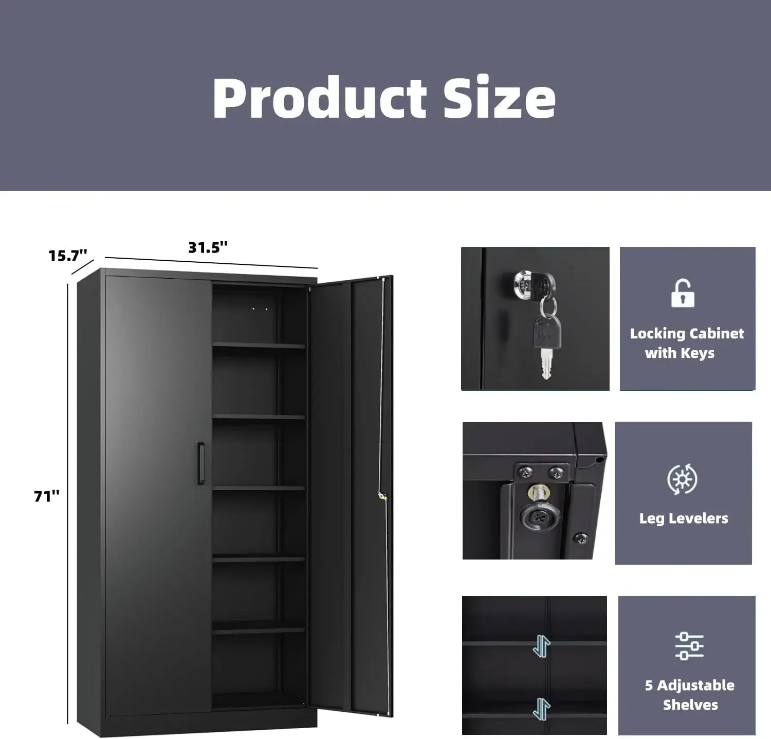 Garage Storage Cabinet with 2 Lockable Doors, 5 Adjustable Shelves Metal Storage Cabinet, Kitchen Pantry Storage Cabinet, Black image 3