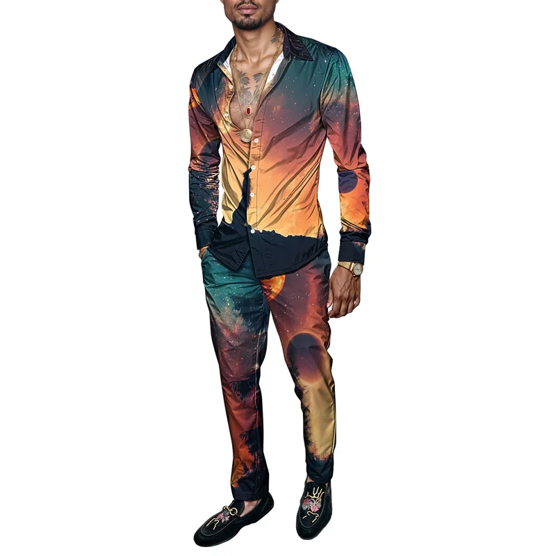 

2025 Spring Summer Men's 2 Piece Universe themed Lightweight Party Dress with Long Sleeve Suit Suitable for Various Occasions