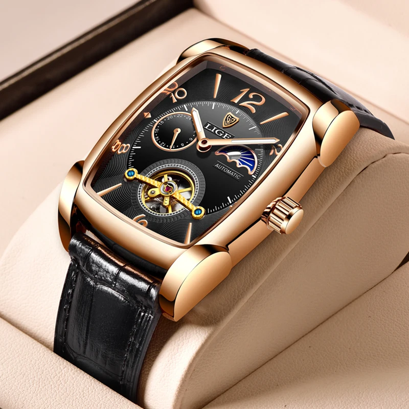 LIGE Men Watch Luxury Wristwatch Square Automatic Watches for Men Fashion Genuine Leather Waterproof Tourbillon Mechanical Watch