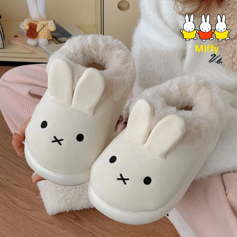 Kawaii Miffy Slippers Cute Cartoon Miffy Winter Outerwear Anti-slip Padded Warm Indoor Plush Shoes with Heel Cover Cotton Sole