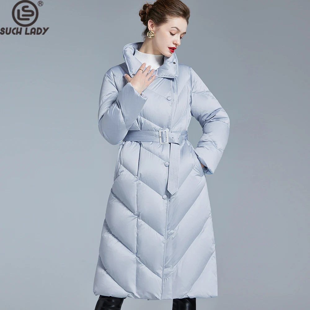 

Женское удлиненное стеганое пуховое пальто, светло-голубая пуховая куртка со съемным поясом, воротником-стойкой, зимняя теплая парка
