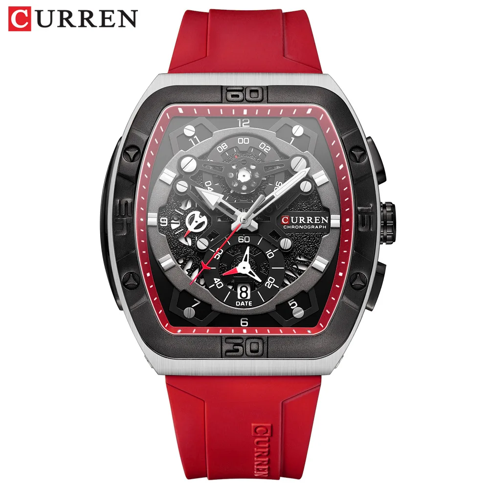 CURREN 8443 Men\'s Quartz Watch Fashion Unique Calendar Sport Clock Red Blue Silicone Strap Analog Display Watches for Male