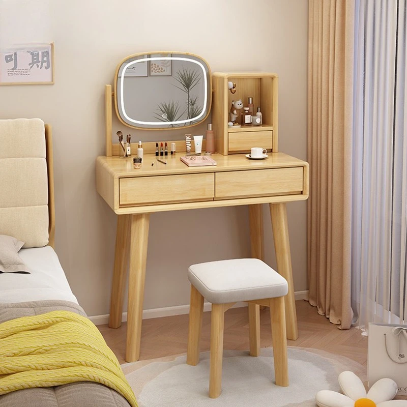 Rubber wood solid wood double pumping dresser small apartment 80CM storage cabinet integrated makeup table