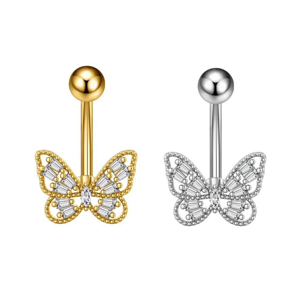 1 Stück Goldfarbener Kristall-CZ-Bauchnabelpiercing Schmetterling Biene Edelstahl Gebogener Bauchnabelring 14G Hängender Bauchnabelpiercing-Ring – Detail 18