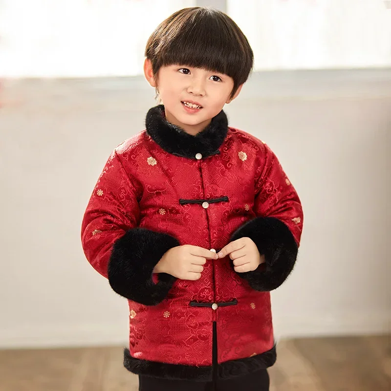 2024 Winter chinesische traditionelle Kinder Satin Tang Anzug für Jungen Fleece verdicken Mantel Hose 2 Stück Set Verbesserung der täglichen Outfits