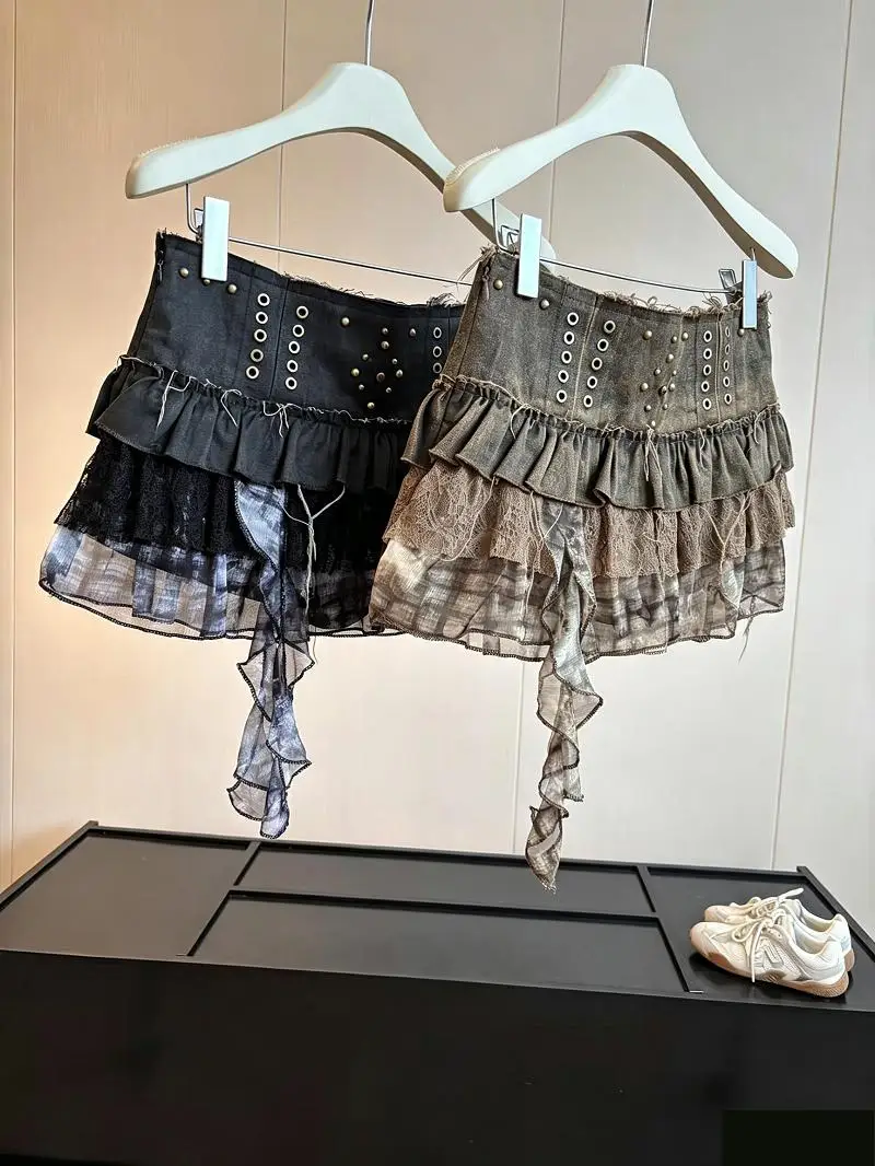 Women's Summer Autumnn High Street Patchwork Layered Cake Skirt Lady Streetwear High Waist Slim Lace Denim Short Skirt