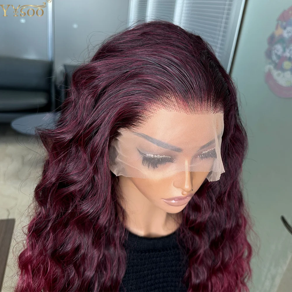 YYWigs 1B/39 Dark Roots Ombre 13x6 Lace Front Long Water Wave Heat Resistant Futura Fiber Synthetic Frontal Wigs for Black Women