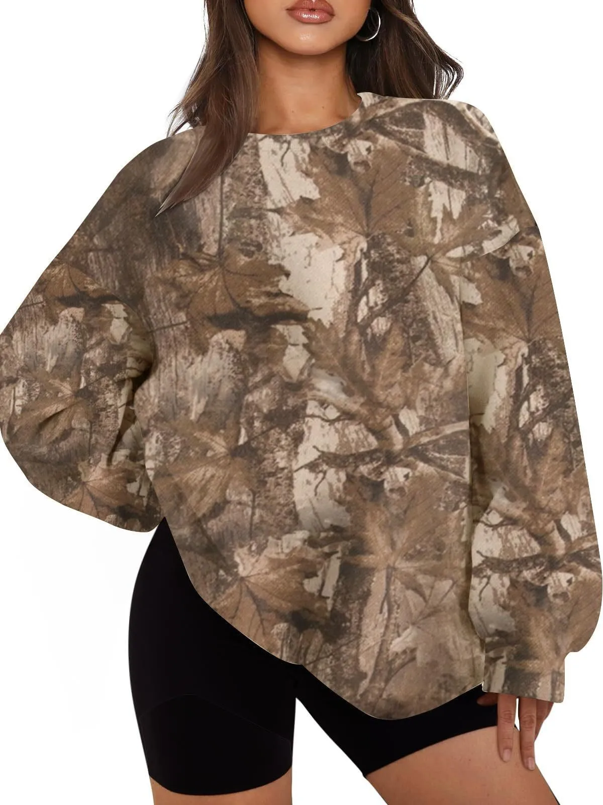 Printed Loose Fit Hoodie with Plant Floral Pattern Mid Length Streetwear No Hood Casual Long Sleeve Pullover Women Hoodie