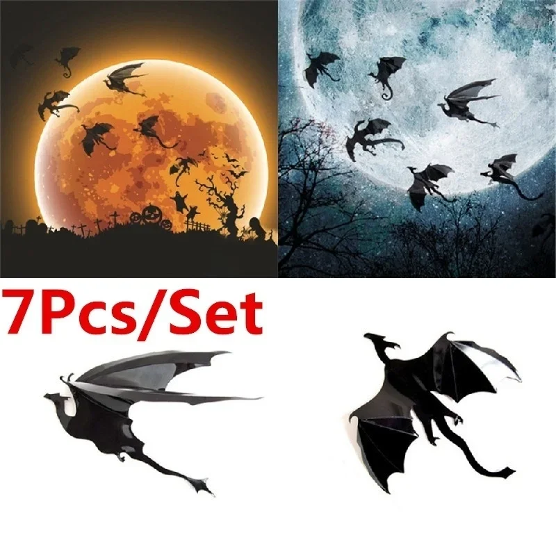 7Pcs Halloween Fantasy Dinosaur 3D Dragon Wall Decals Creative Wall Stickers Home Room Party Scene Decoration Supplies