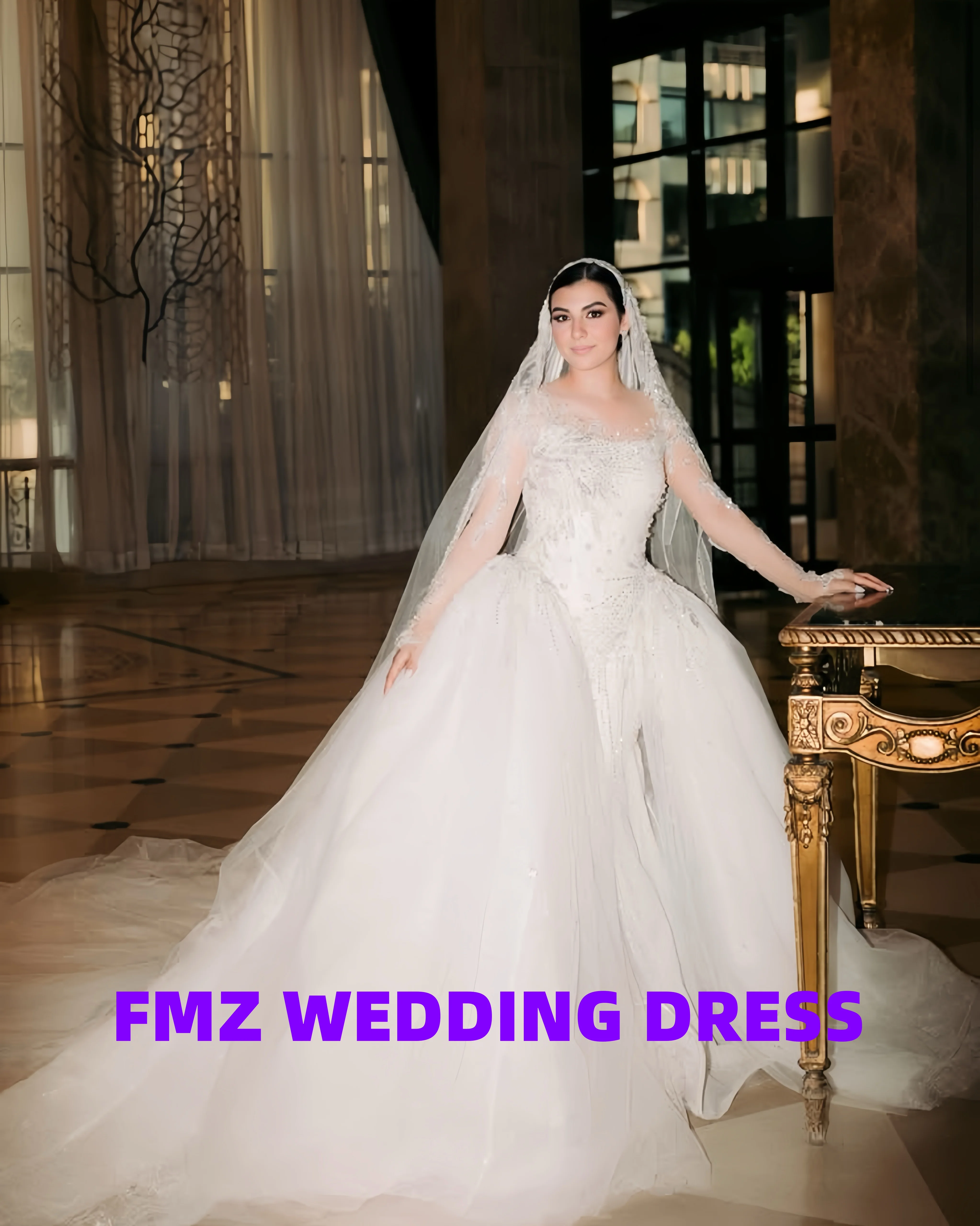 

Customized square collar long-sleeved Ball Gown beaded luxury wedding dress vestidos de novia robe de mariee