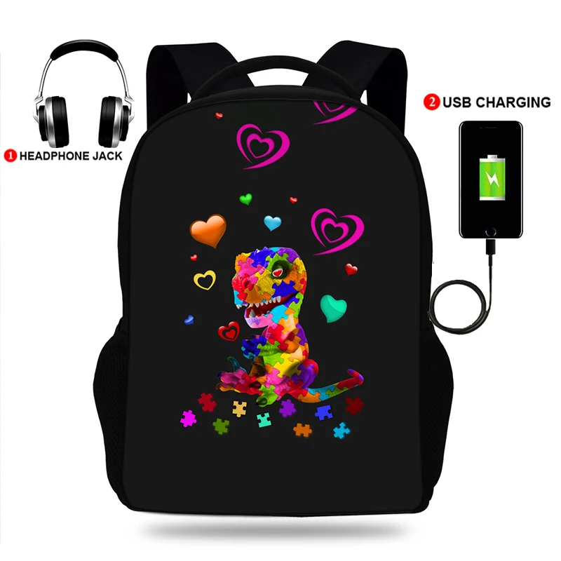 Imagem -03 - Mochilas Escolares com Carregamento Usb Impressão de Dinossauros em Alívio do Autismo Bolsa para Adolescentes Meninos e Meninas Mochila Estudantil