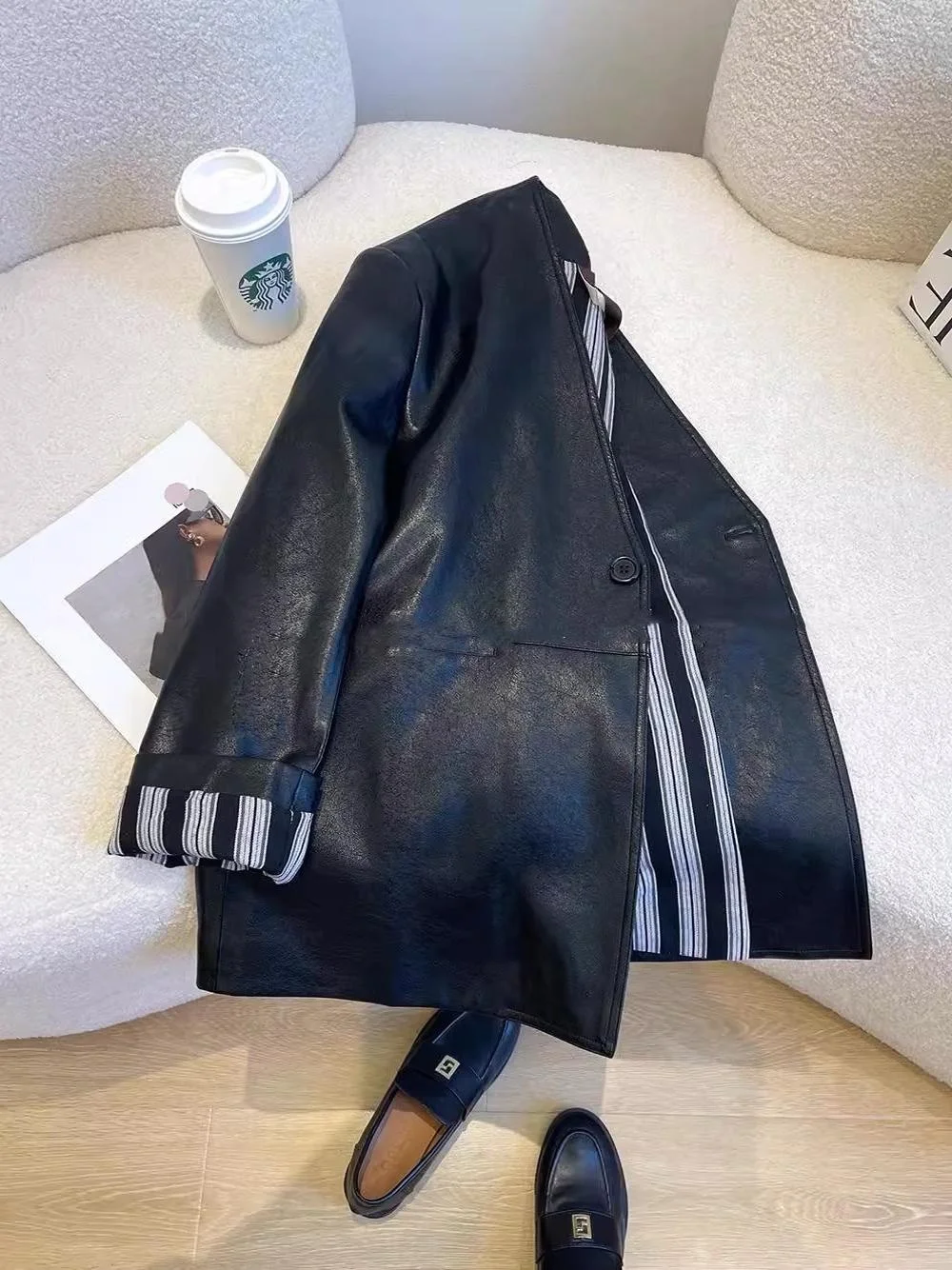 Casaco Retro de Couro Ort para Mulheres, Estilo Pesado e Versátil, Casaco Longo com Decote em V para Outono