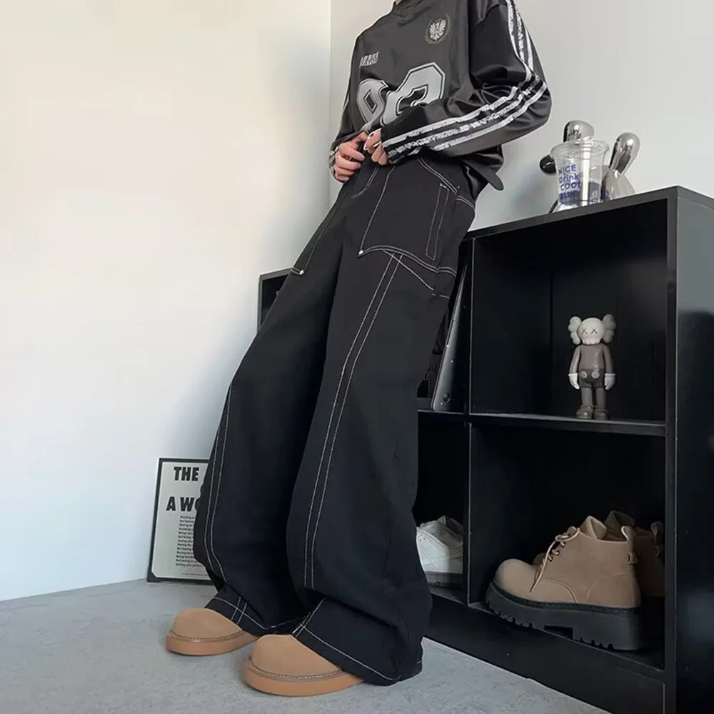 夏のメンズだぶだぶのジーンズソリッドカラーシームオーバーオール大きなポケットカジュアルファッショントレンドストリートヒップホップシンプルなニッチメンズボトムス