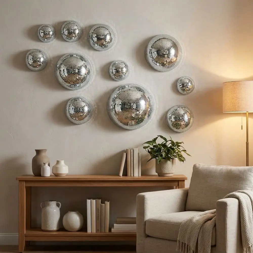 5Pcs Metallic Disco Ball Half Wall Decor Glittery Light-refracting Mirror Disco Ball Wall Art Adhesive-backed Semicircle