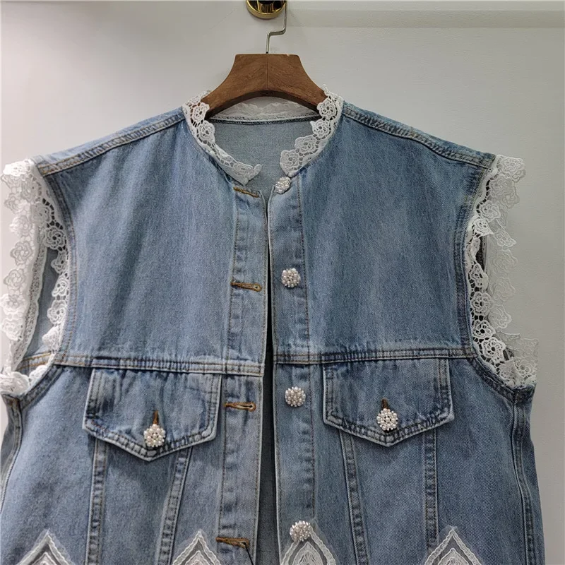 

Spring Summer Women Lace Patchwork Blue Short Denim Vest Round Neck Single-Breasted Female Sleeveless Cowboy Waistcoat Jacket
