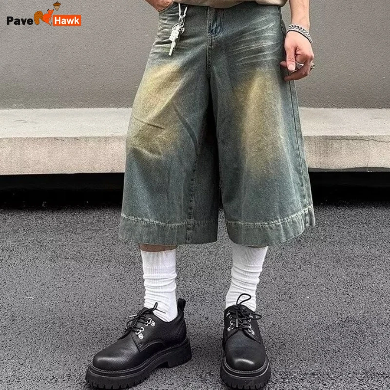 Summer Trend Denim Cropped Trousers Mens American Hip Hop Washed Wide Leg Shorts Unisex  High Street Straight Cowboy Mid Pants