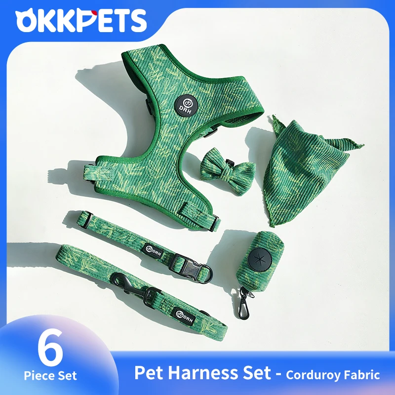 

OKKPETS Pet Harnesses Hands Free Dog Leash Collar Bow Bundle Luxury Sublimation Corduroy Custom Harness Set