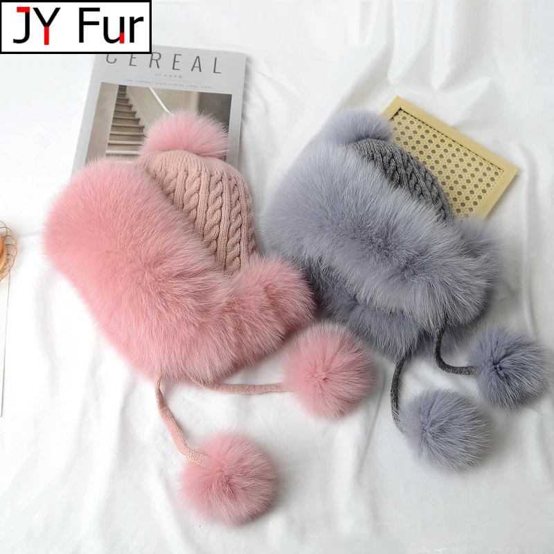 Ladies Fox Fur Princess Hat Winter Fashion Casual Business Warm Knitted Hat 100% Natural Fox Fur