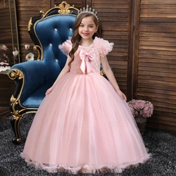 Pink New Flower Girl Long Wedding Bridesmaid Dress Bow Short Sleeve Child Evening Dress