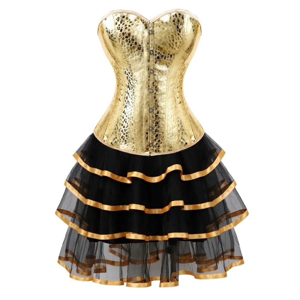 Gold Corset Dress Bustier Top With Skirt Tutu Steampunk Faux Leather Overbust Lingerie Plus Size Body Shaper Lace Up Corselet