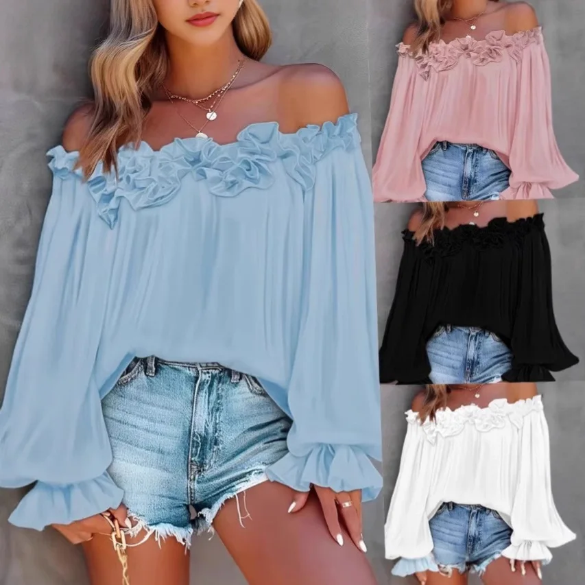 

Off Shoulder Top Women Spring Summer Ruffle Sleeve Blouse Shirt Elegant Casual Tee T Shirt Loose Plus Size Ladies Clothes