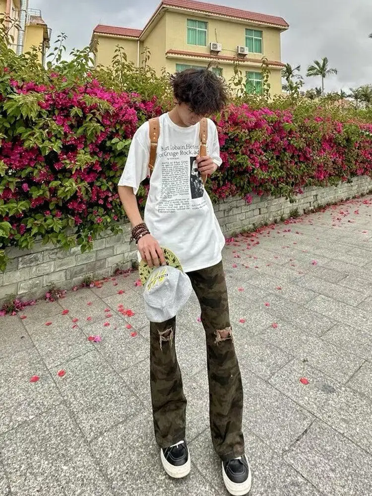 

Summer New American High Street Camouflage Hole Denim Pants High Waist Slim Straight Leg Micro Flare Men Women Long Trousers