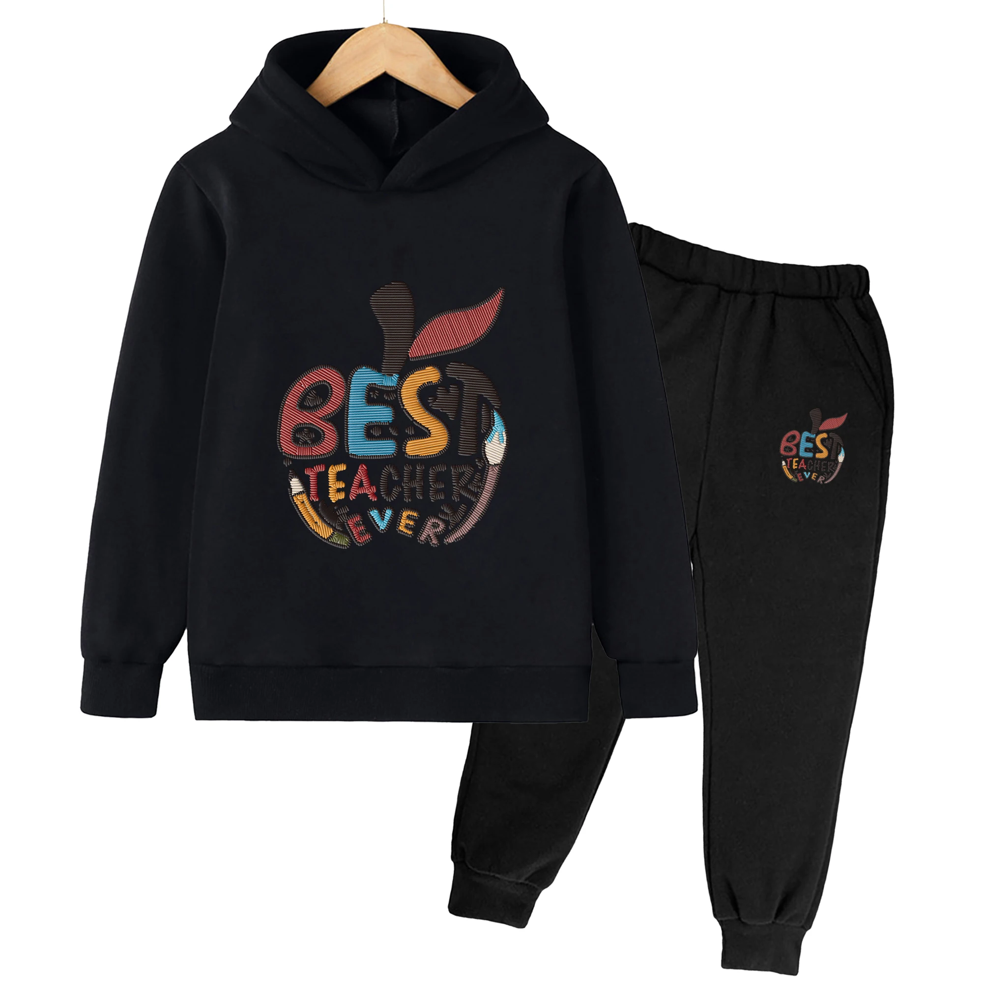 Children Clothing Sets Best Teacher Ever Apple Letter Printed Boys Girls Hoodies + Sweatpants Suit 3-14Y Autumn Trendy Fleece
