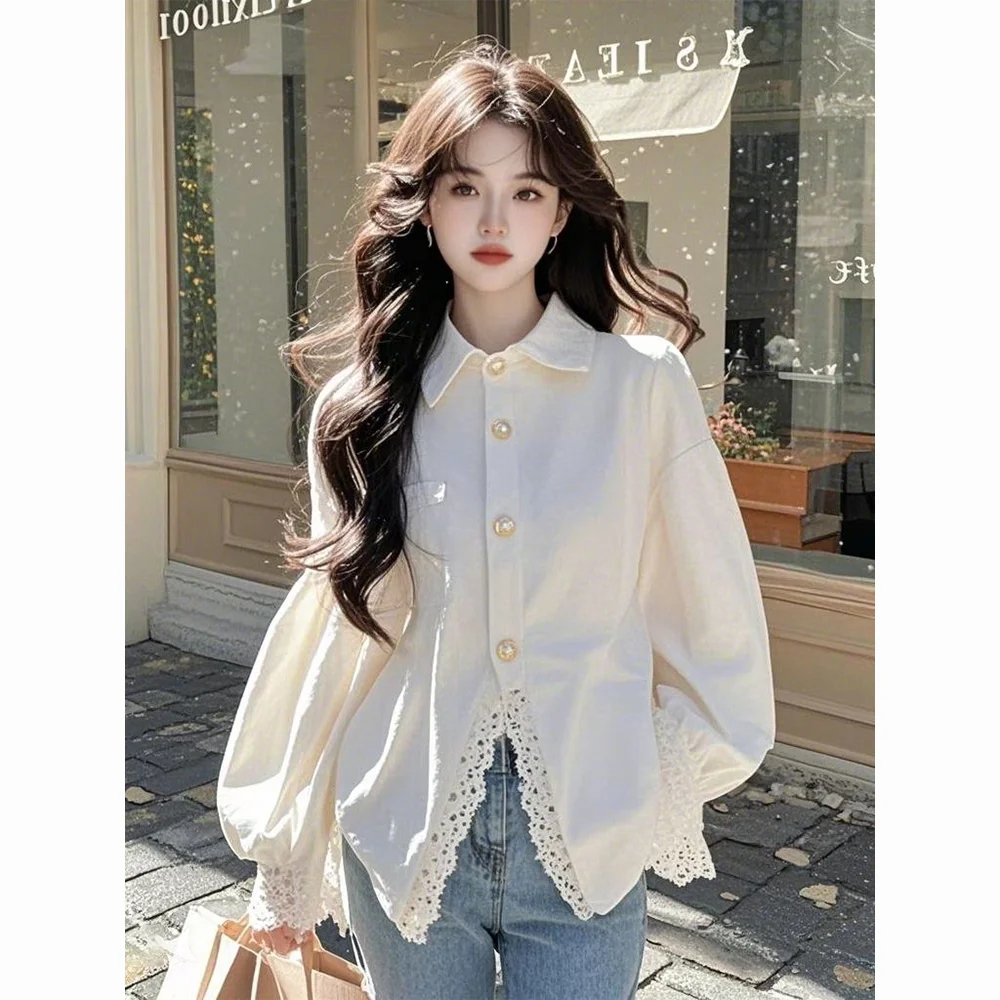

Unique Stylish White Lace Paneled Blouse With Youthful Flair