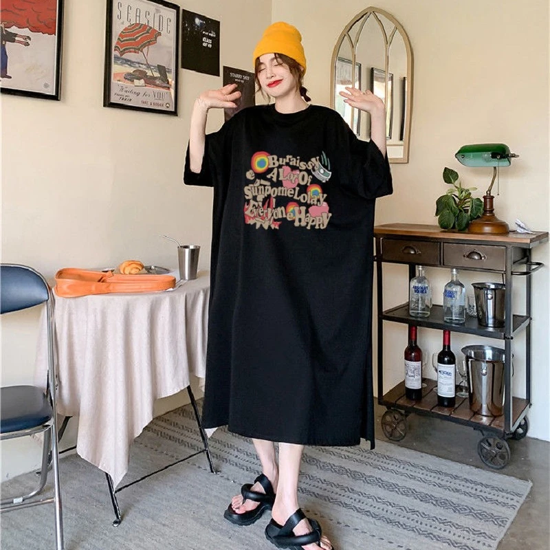 T-shirt ort-sav ample mi-long Dr coréen Sle, Design personnalisé de Hong Kong, fente ouverte, peut être porté à l'extérieur