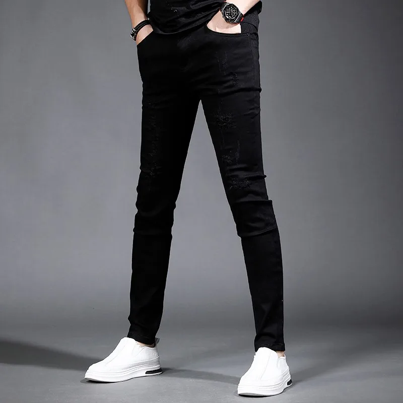 Summer Black Ripped Jeans Men Streetwear Stretch Slim Fit Pencil Pants Korean Style Casual Cotton Lightweight Denim Trousers