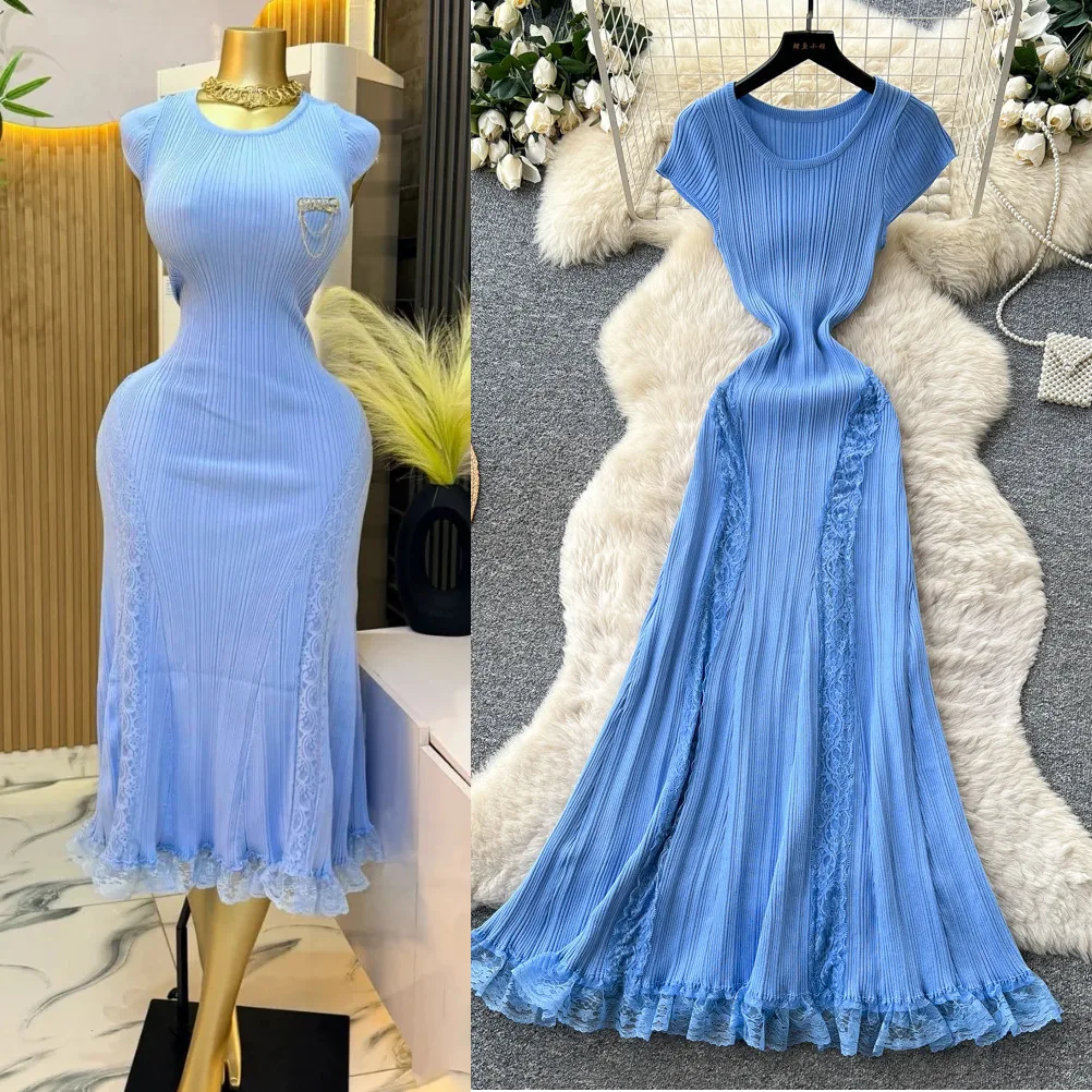 Langes Kleid für Damen, Strickkleider A-Linie, Y2k Streetwear, Rundhals, Kurzarm, Elegantes Partykleid, Tailliert, Figurbetont 2026