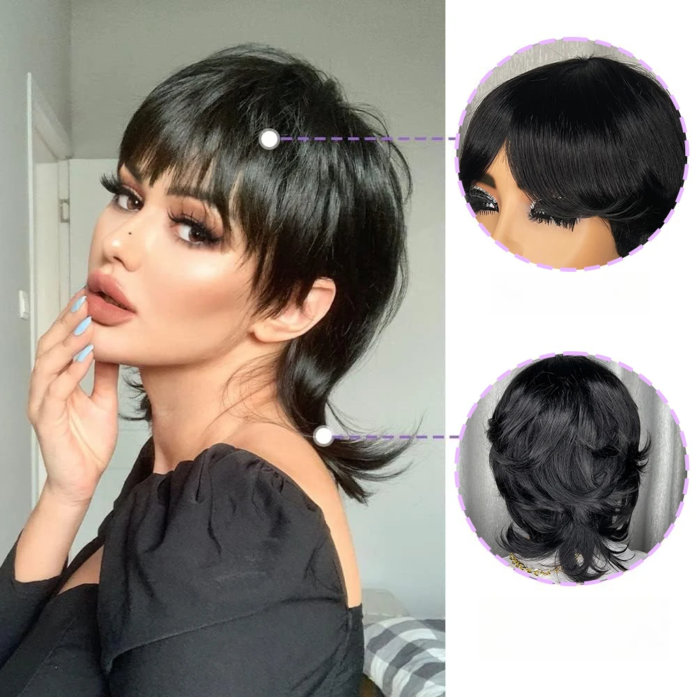 باروكات شعر طبيعي مفرود قصيرة شعر مستعار بقص عابث مصنوع آليًا للنساء شعر برازيلي قبل قطعها شعر مستعار قصير بقص عابث