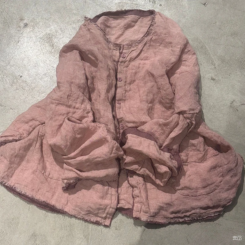 

Новая женская рубашка из 100% льна с длинным рукавом, весна 2026, винтажный стиль, однотонная, свободного кроя, повседневная, с круглым вырезом, M2314