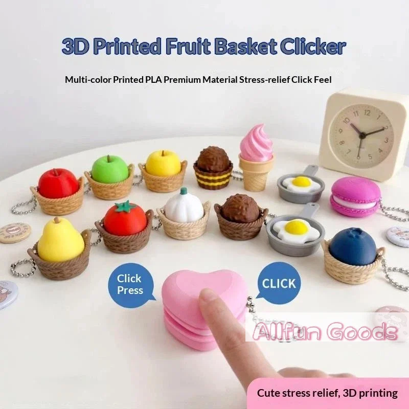 3D Printed Foods Clicker Keychain Simulation Cake Chocolate Clicker Pendant Decompress Keyring Bag Hanging Stress Relief Toy