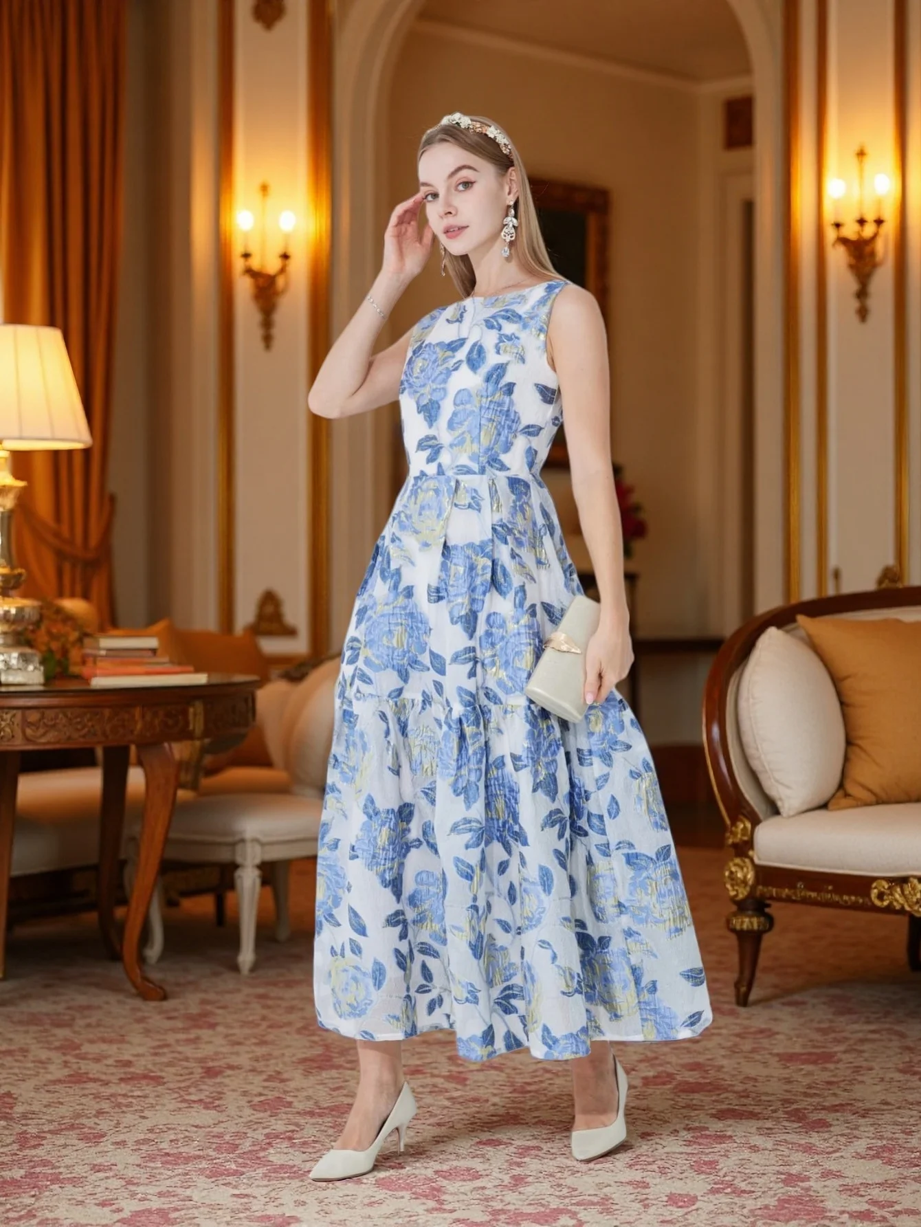 2026 Spring Summer New Luxury Heavy-Duty 3D Gold Thread Jacquard Sleeveless Waist-Cinching Full-Skirt Banquet Gown