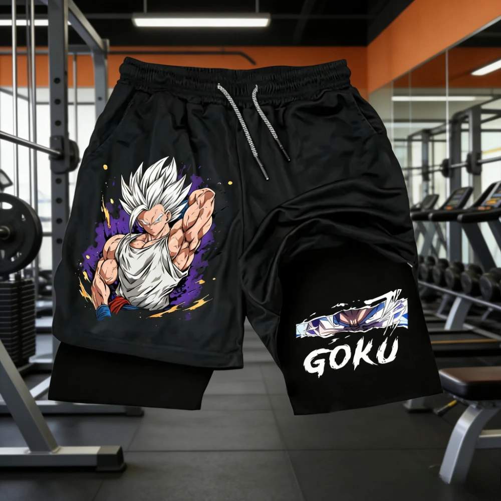 

2026 Summer Dragon Ball Anime Print Double-Layer Shorts for Fitness and Sports High-Quality and Fashionable Casual Men's Shorts