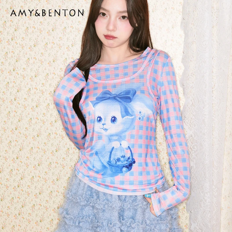 

Autumn New Plaid Floral Animal Print Fake 2-piece Splicing Women's T-shirt Vintage Design Thin Long-sleeved Bottoming Shirt Girl