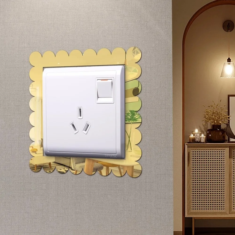 4PCS Wavy Lace Mirror Switch Sticker, Light Luxury Self-Adhesive Mirror Wall Decal, Outlet Decorative Frame Household