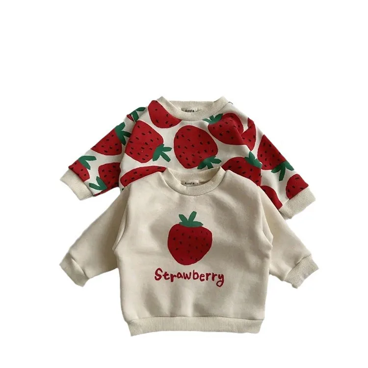 2024 Autumn New Girls Strawberry Print Sweatshirts Cotton Children Long Sleeve Tops Versatile Casual Baby Pullover Kids Clothes