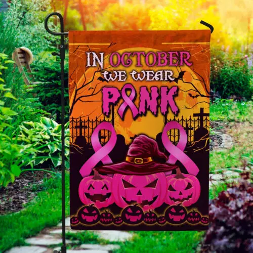 In October We Wear Pink Breast Cancer Pumpkins Halloween Garden Flag