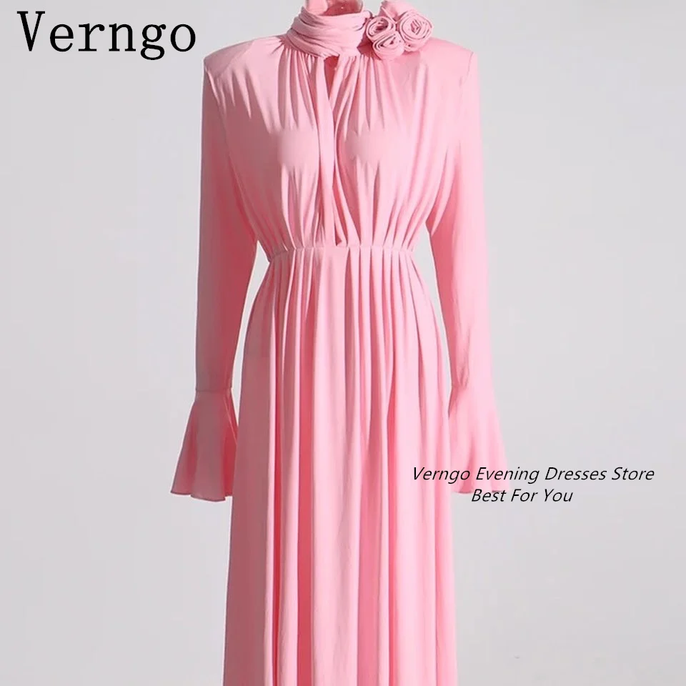 Gaun malam vernment Pink Crepe untuk wanita Deep V Neck Lengan Puff panjang gaun Prom sederhana pakaian ukuran standar A Line