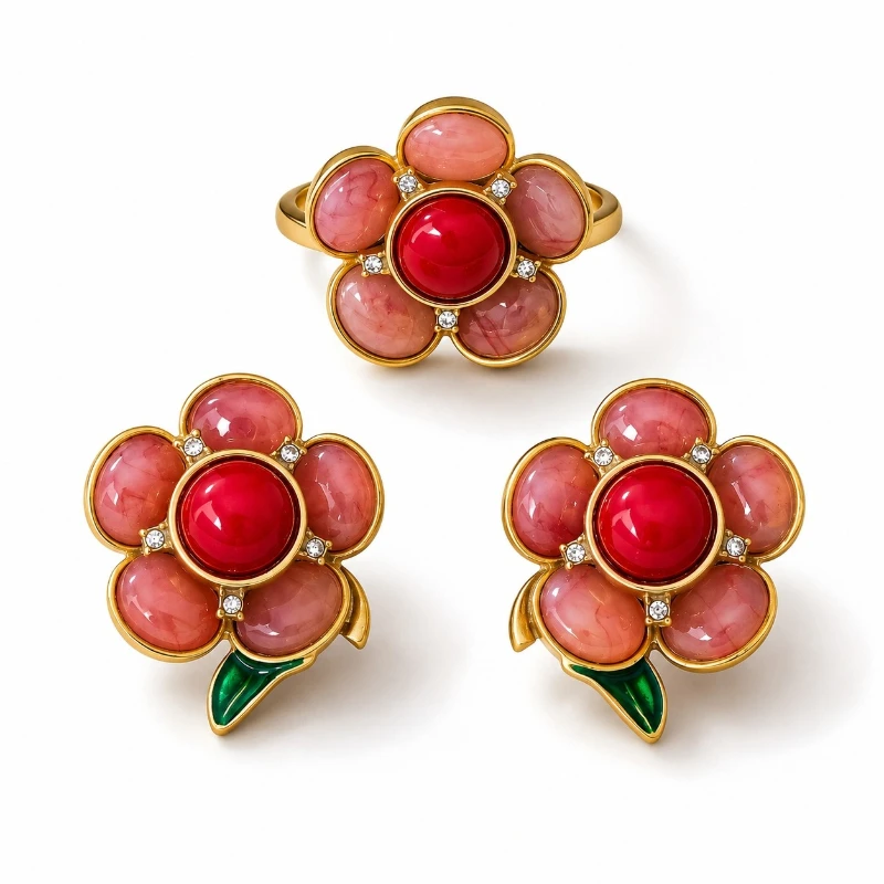 Vintage Pink Flower Earrings and Ring Set Rhinestone Floral Jewelry for Women