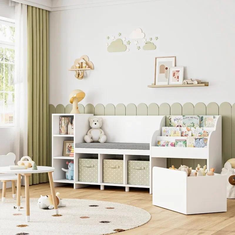 Kids' Reading Nook com Banco, Estante e Estante, Almofada do assento, 6 Cubbies Armazenamento, Toy Storage Box on Wheels, 67"