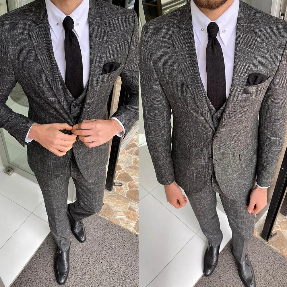 

Men Suit Tailor-Made 3 Pieces Gentlemen Plaid Blazer+Vest+Pants British Style Business Wedding Formal Prom Daily Prom Tailored