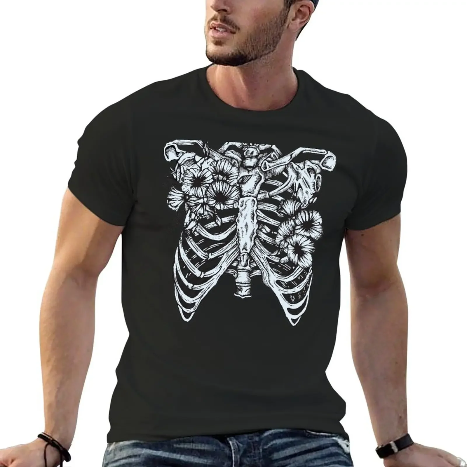 pen and ink Rib Cage with Flowers T-Shirt graphic tee shirt basketball graphic tees vintage graphic tee tops tshirts for men