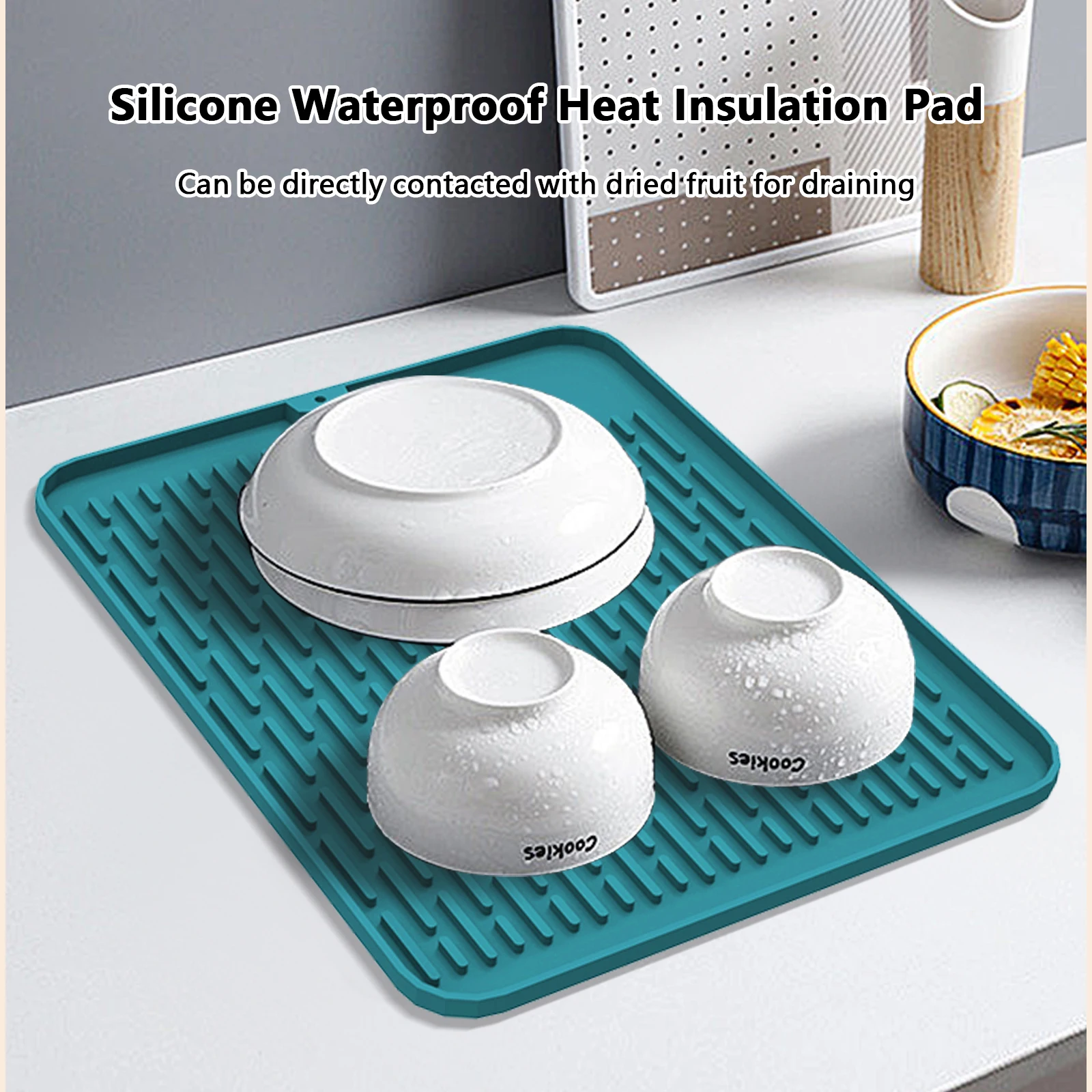 Silicone Heat Insulation Drying Mat Raised Linear Drain Grooves Anti Skid Pad with Hanging Hole for Cookware Plates Glasses