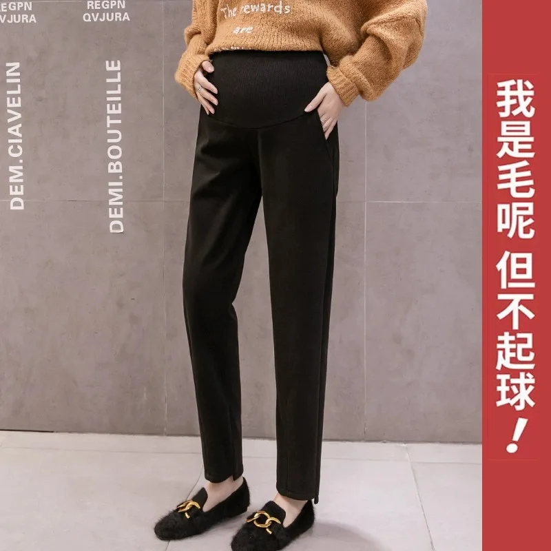 1126# Autumn Winter Woolen Maternity Pants Thick Warm Plus Velvet Belly Straight Trousers Clothes For Pregnant Women Pregnancy