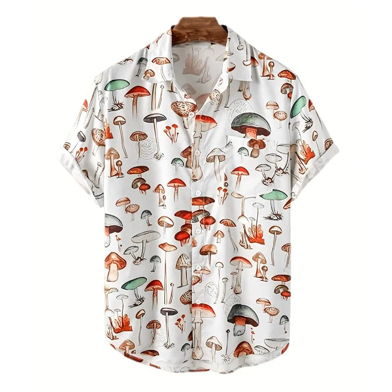 Men's Hawaiian Graphics Shirts Casual Streetwear Turn-down Collar Short Sleeve Mushroom Beach Printed Blouse Summer 2024 New